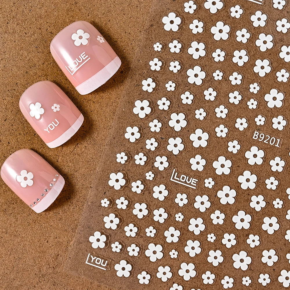 1Pcs 3D Black White 5-Petal Flowers Nail Stickers Mini Florals Self-Adhesive Nail Decals Fresh Bloom Manicure Decorations Slider