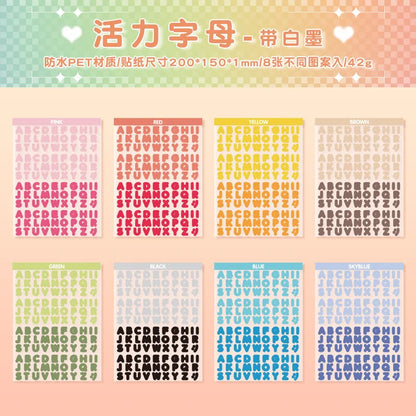 8 Sheets Vibrant Alphabet PET Stickers, Colorful English Letter Decals For Journaling, Scrapbooking & DIY Craft Supplies