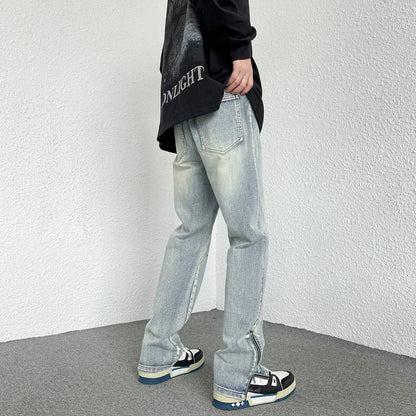 2024 Spring Autumn Korean Men Fashionable Retro Street Jeans Zip Design on Trouser Legs Straight-leg Denim Pants Men's Clothing