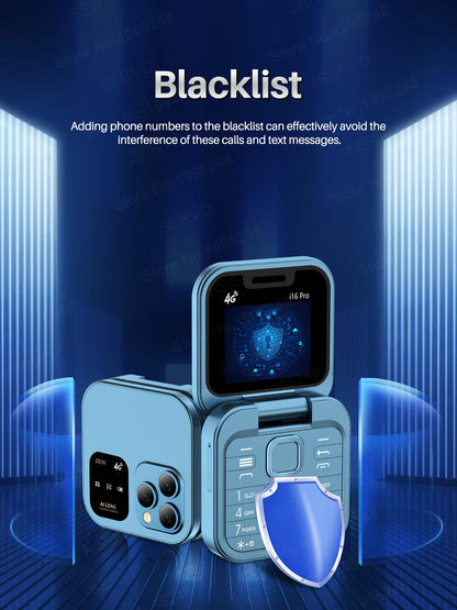 SERVO I16 PRO 4G LTE Mini Flip Mobile Phone Dual SIM Standby Call Recording Speed Dial FM Radio 1.77' Screen Foldable Cellphones