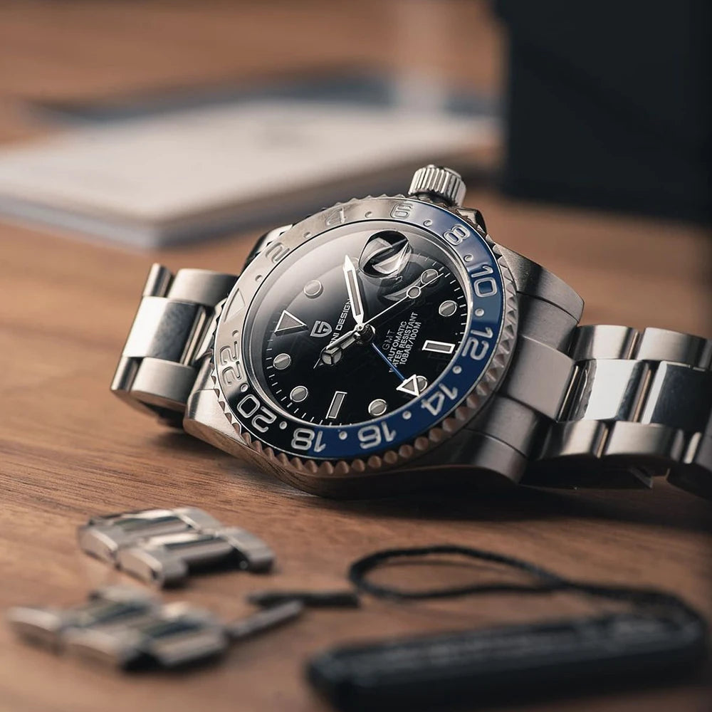 PAGANI DESIGN 40MM Black Gray Dual Tone Automatic Mechanical GMT WATCH Sapphire Glass Stainle Steel Sports luminous Watches men