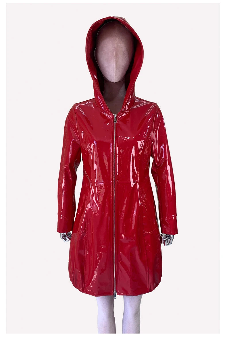 Nerazzurri Spring Fitted Waterproof Shiny Reflective Black Patent Faux Leather Jacket Women with Hood Zipper Red Autumn Clothes