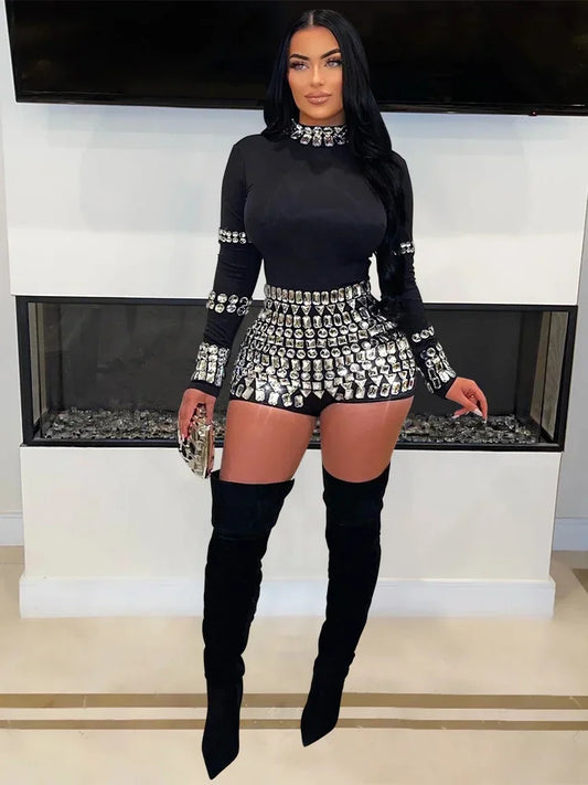 Leosoxs Women Diamonds Hot Rhinestones Long Sleeve Short Jumpsuits 2024 Summer Sexy Party Club One Piece Suit Rompers Playsuits