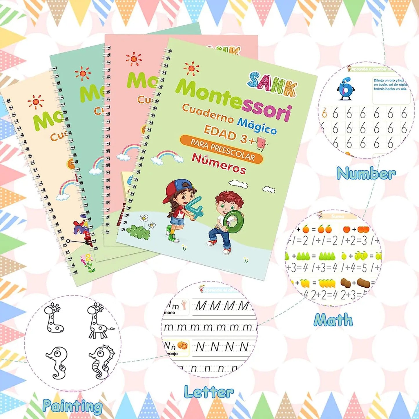 4 Books Spanish Montessori Magic Practice Copybook Set Reusable Handwriting Tracing Workbook Alphabet Number Math Drawing