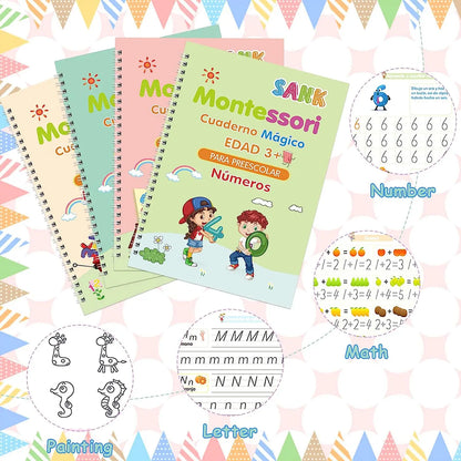 4 Books Spanish Montessori Magic Practice Copybook Set Reusable Handwriting Tracing Workbook Alphabet Number Math Drawing