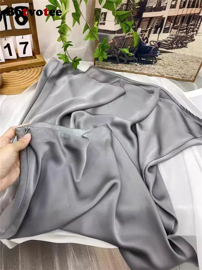 Botvotee Elegant Satin Long Skirt for Women Spring Summer 2025 Office Ladies Korean Style Loose Elastic Band Midi Skirts