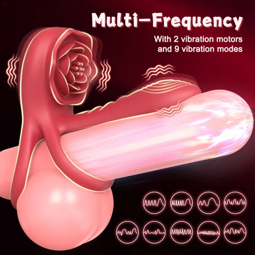 Male Penisring Delay Ejaculation Rose Lock Ring Vibrator G Spot Nipple Clitoral Stimulator for Women Sex Toys for Couple 18+