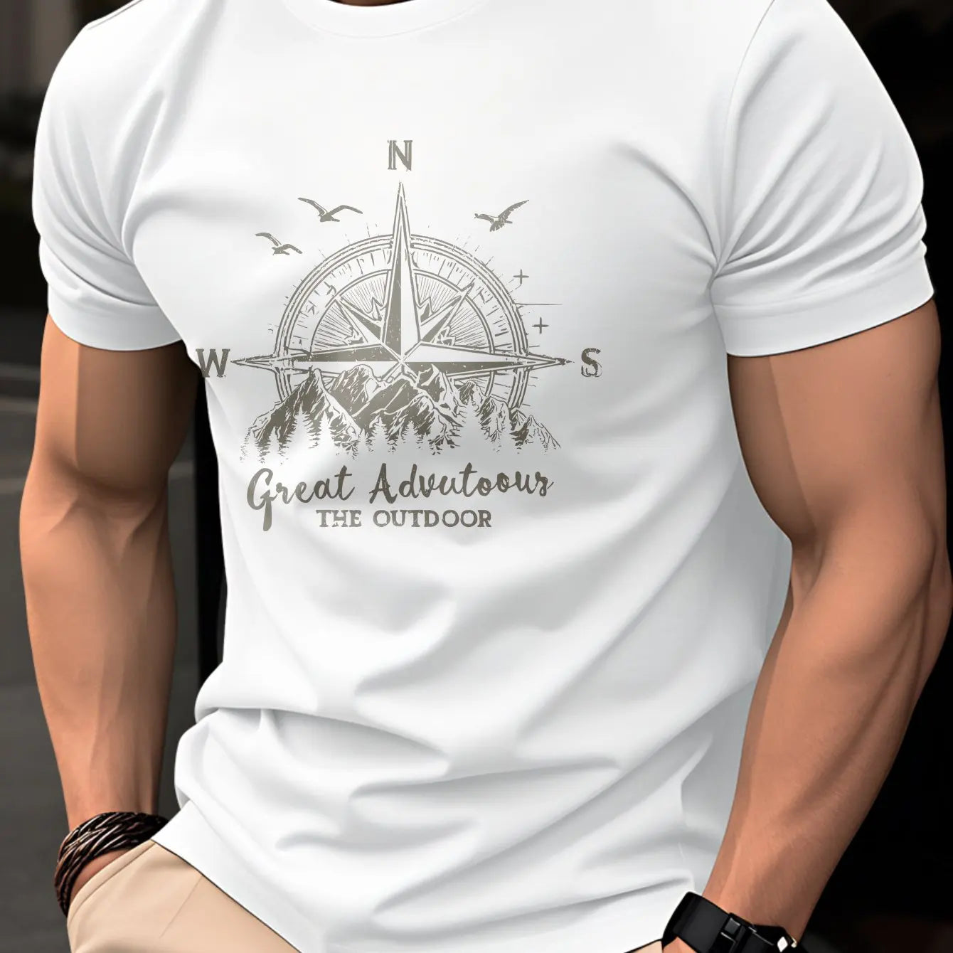 Summer men's 100% pure cotton casual fashionable loose retro compass mountain pattern printed round neck short sleeved T-shirt