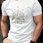 Summer men's 100% pure cotton casual fashionable loose retro compass mountain pattern printed round neck short sleeved T-shirt