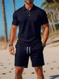Summer Casual Versatile Fashion Short-Sleeved Button-Down Polo Shirt And Breathable Mesh Shorts Set for Men Plus Size