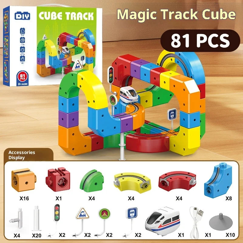 Electric Magnetic Track Set STEM Building Toy with Anti-Gravity Vehicles 100+ Pieces DIY Railway Model Creative Gift for Kids