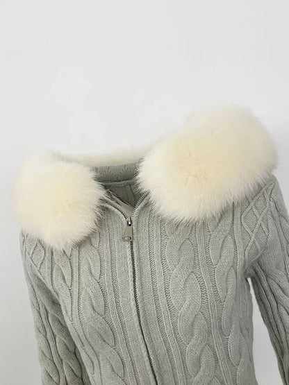 Fashion Natural Fox Fur Collar with Knitted Sweater Women Casual Sweater 2025 New Spring Autumn Slim Fit Elastic Oversized Coat