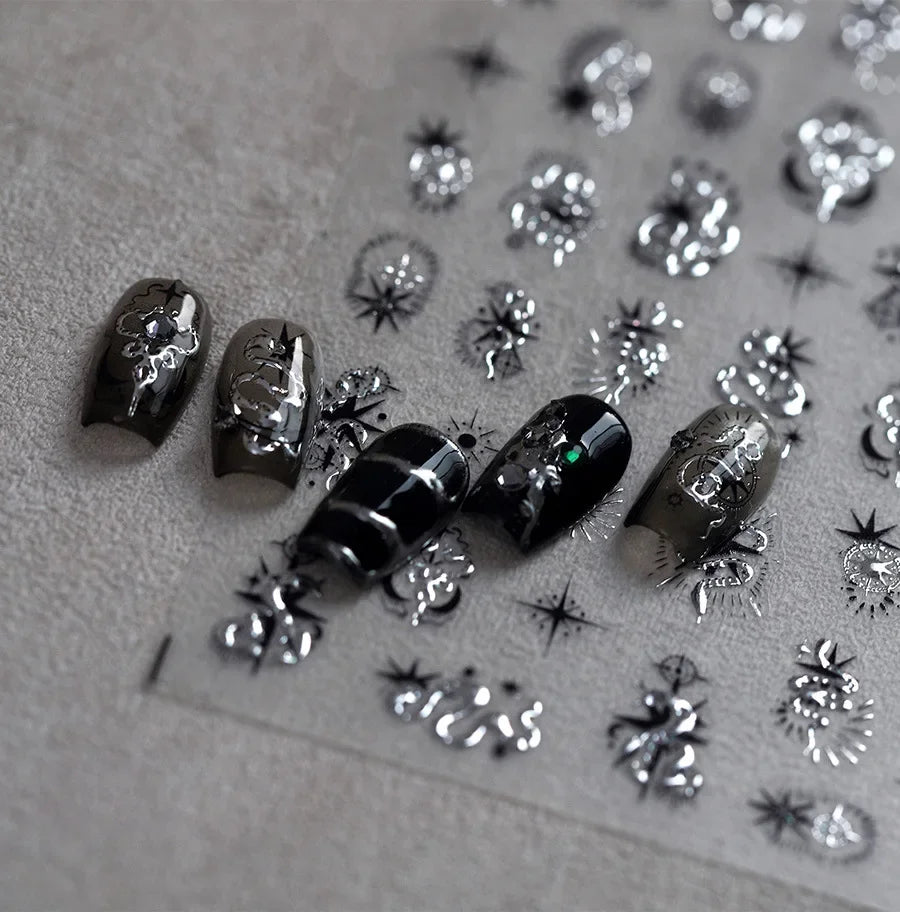 5D Gold Stamped Silver Sun Stars Snake Nail Art Stickers Totems Reliefs Self Adhesive Dark Chinese Style Manicure Decals