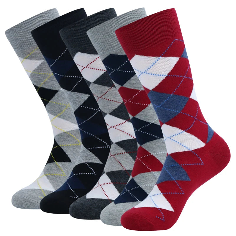 5 Pairs Mens Dress Socks Plus Large Size，High Quality Combed Cotton Crew Socks，Black Cool Argyle Breathable Casual Socks for Men