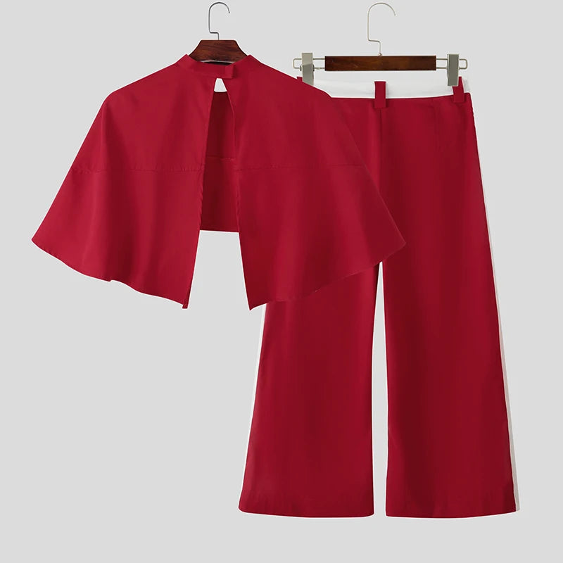 INCERUN Men Sets Patchwork Turtleneck Irregular Crop Shirt Cloak & Wide Leg Pants 2PCS Streetwear Loose Fashion Casual Men Suits