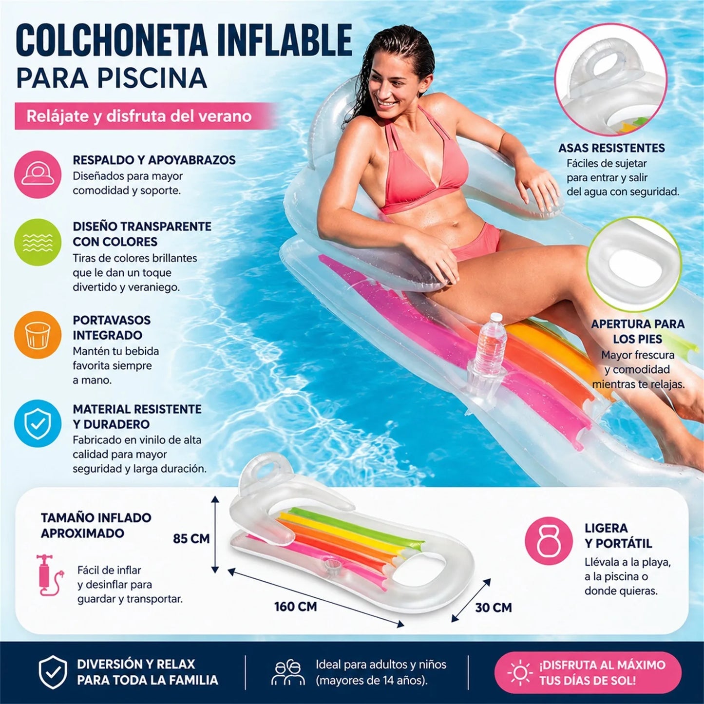 Inflatable Pool Mat with Backrest and Armrests, Integrated Cup Holder, Pvc Material, Two Colors Transparent and Blue