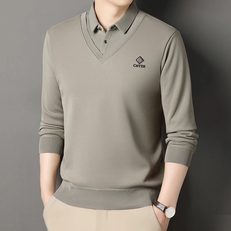 Men's Fleece Lined Sweater Polo Collar Pullover Tops Fashion Business Causal Pullovers Korean Slim Fit Thick Winter Clothes