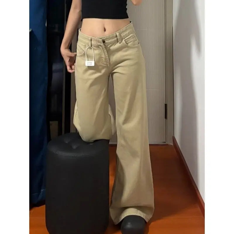 American Vintage Flared Jeans Women New Low Waist Loose Khaki Straight Leg Floor Length Versatile Denim Pants Bootcut Trousers