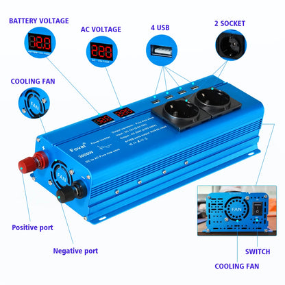 Pure Sine Wave Inverter DC 12V to AC 220V 230V 1500W/2200W/2600W/3000W Voltage Transfer Converter EU Socket Auto Accessories