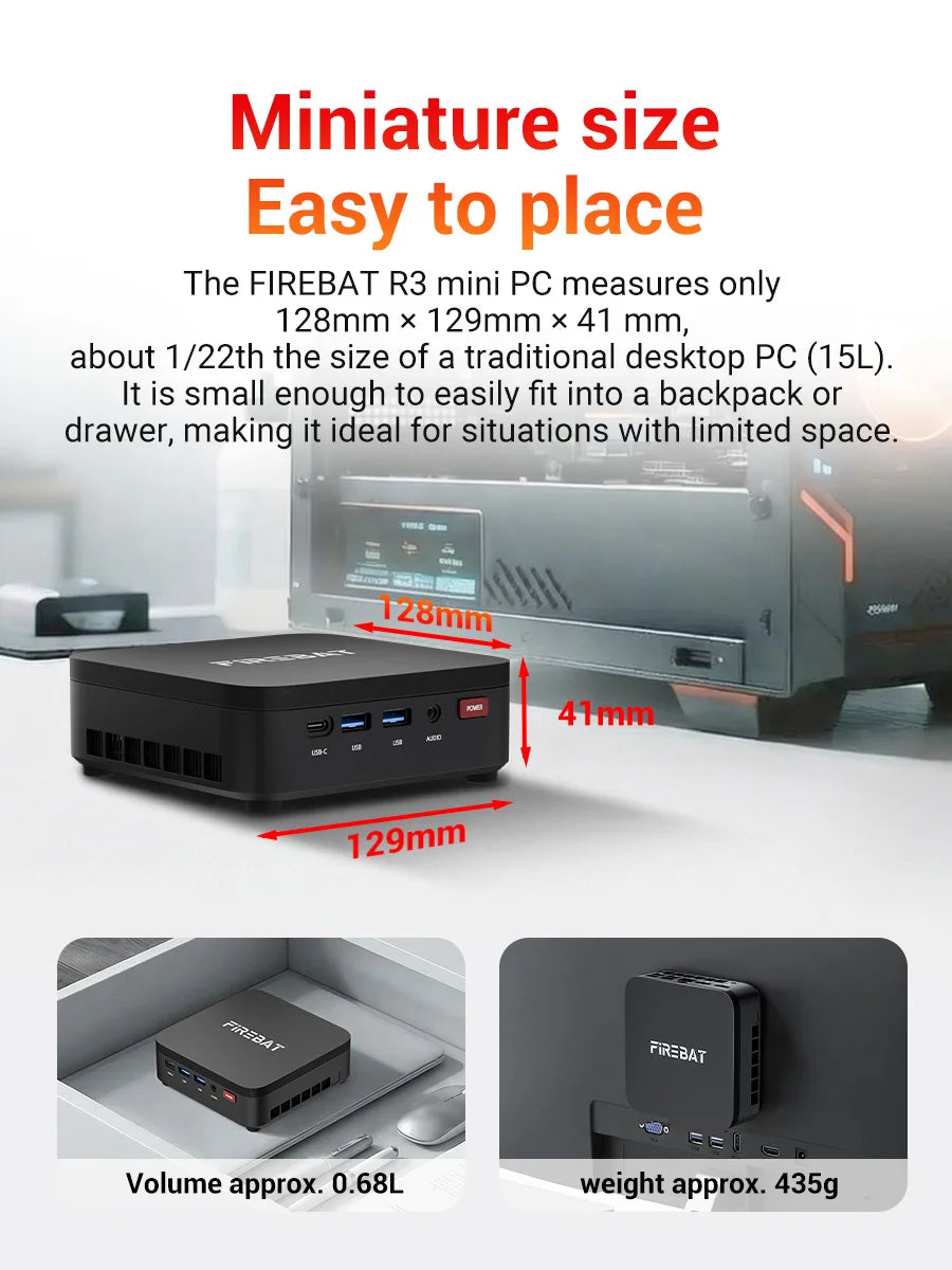 FIREBAT R3 Mini PC AMD Ryzen 3 4300U 8GB/16GB LPDDR4 RAM 256GB/512GB SSD M.2 SATA Windows11 Pro Desktop Computer WiFi6 BT5.2