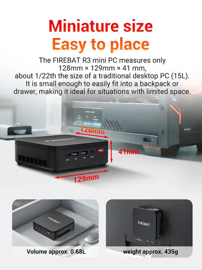 FIREBAT R3 Mini PC AMD Ryzen 3 4300U 8GB/16GB LPDDR4 RAM 256GB/512GB SSD M.2 SATA Windows11 Pro Desktop Computer WiFi6 BT5.2