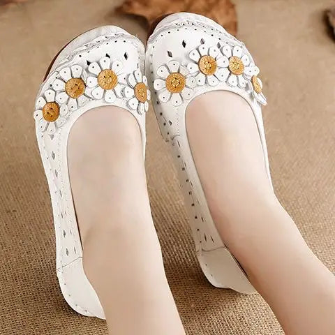 Vintage Flower Moccasins Woman Genuine Leather Ballet Flats Ladies Hollow Slip Ons Women's Luxury Loafer Purple Walking Shoes 42