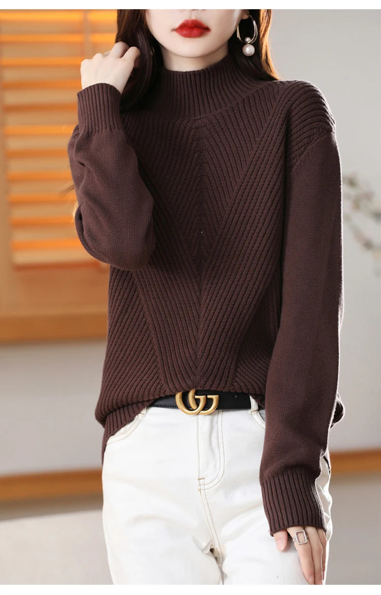 Women 100% Cotton Knit Sweater Half-high Collar Stripe Pullover Autumn Winter Thickened Bottoming Clothing Casual Knitted Tops