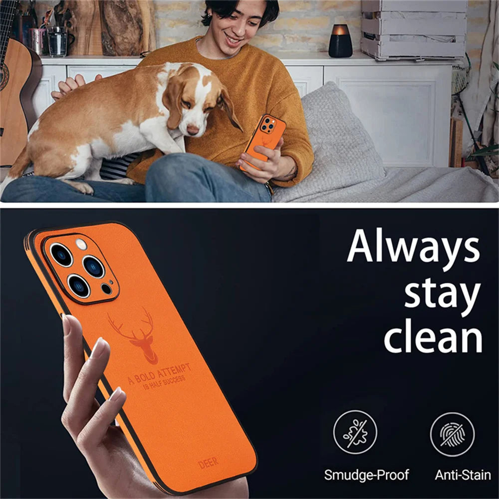 Luxury Business Leather Bumper Case For iPhone 17 Air 16 15 14 13 12 11 Pro Max Mini Plus Shockproof Soft Deer Head Back Cover