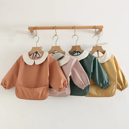 Easy Clean PU Full Sleeve Bib Baby Kids Solid Color Soft Faux Leather Children Apron Painting Meals Protection Waterproof Smock