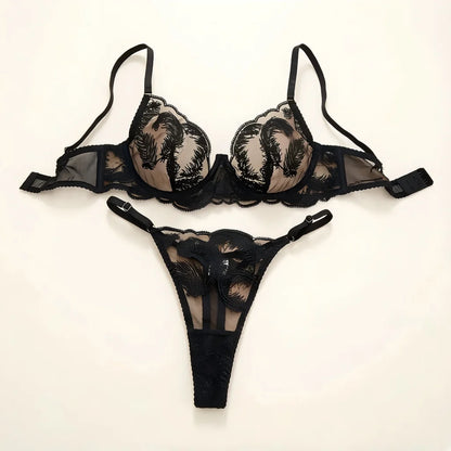 Black Feathers Comfortable Underwear Set Soft And Stylish Women's Intimate Apparel Ensemble