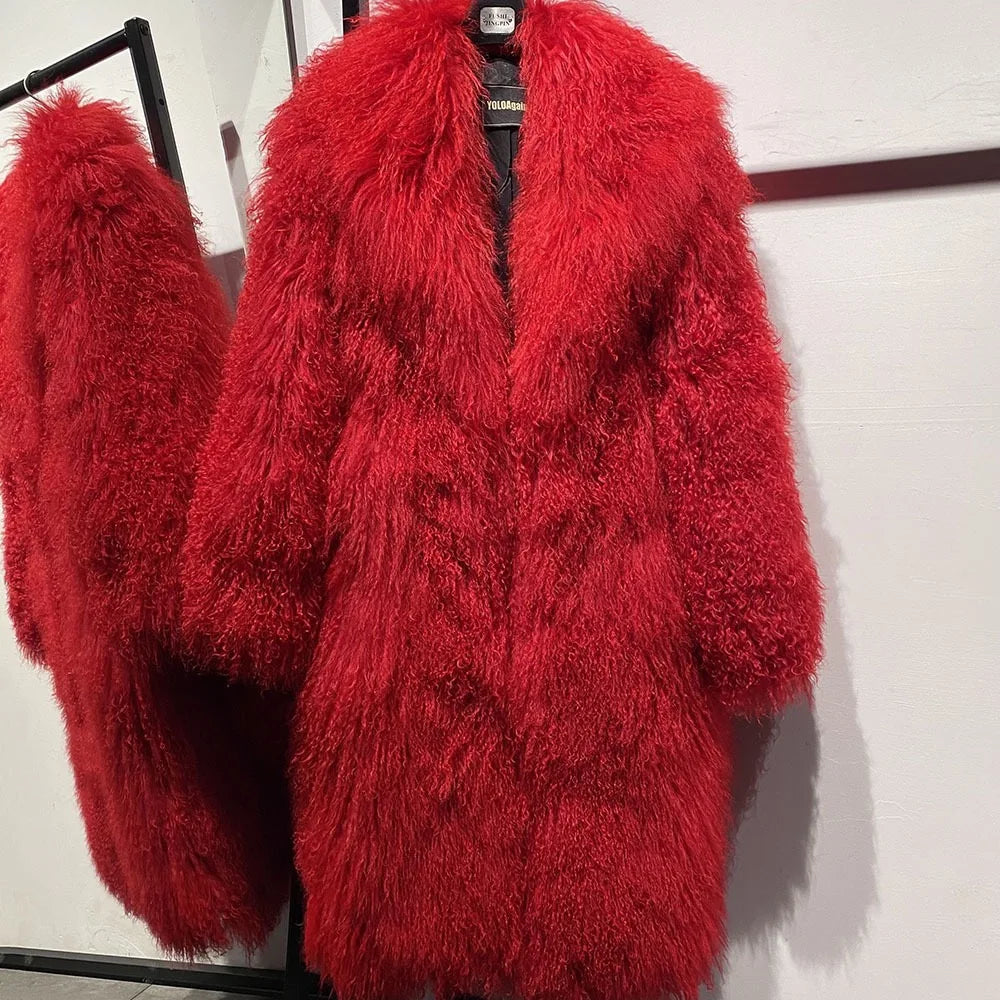 Mongolia Sheep Fur New Brand Real Fur Long Genuine Fur Coat Mongolia Sheep Fur Long Sleeves Women's Warm Jacket