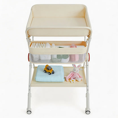 Himiss Folding Baby Changing Table Height Adjustable Metal & Fabric Large Storage Space Safety Belt Wheels for Newborns & Infants