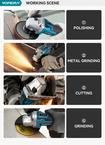YOFIDRA 125mm 4 Gears Brushless Electric Angle Grinder Metal Wood Grinding Polishing Cutting Power Tool For Makita Battery Pin