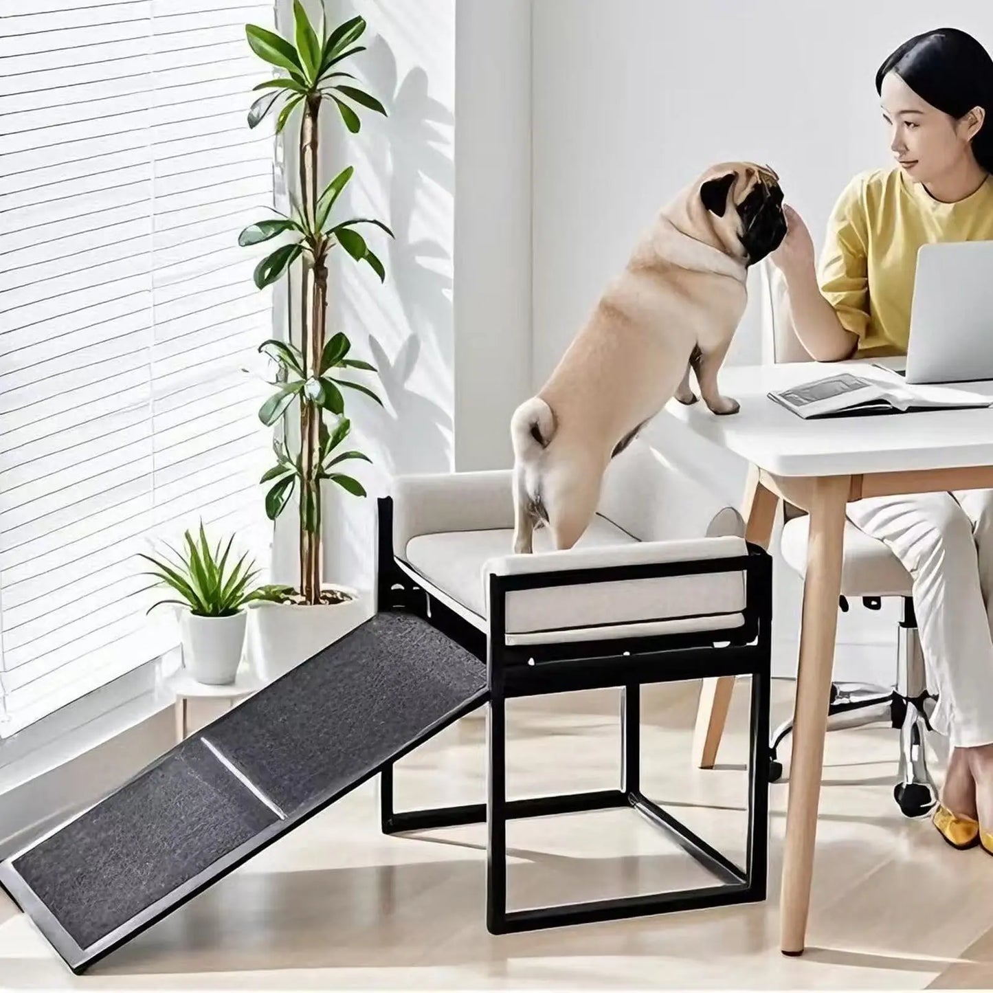 ZMaker 2026 Customizable Metal Frame Elevated Dog Bed with Ramp Non Slip Foldable Dog Stairs Ramps with Seat Cushion