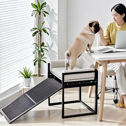 ZMaker 2026 Customizable Metal Frame Elevated Dog Bed with Ramp Non Slip Foldable Dog Stairs Ramps with Seat Cushion