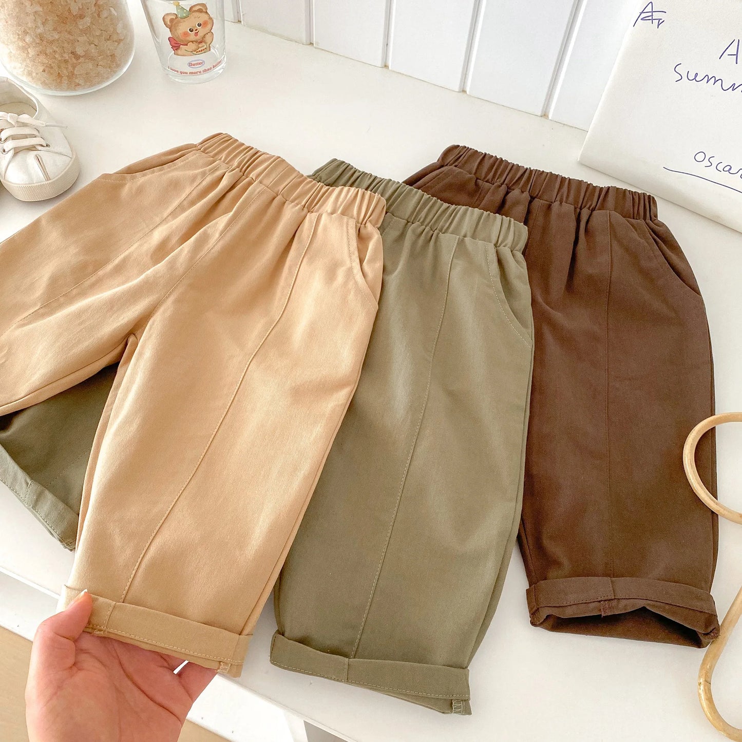 Toddler Girl Cotton Pleated Harem Pants 1-6Y Kids Boys Solid Color Casual Roll Up Trousers Comfy Elastic Waist Kids Bottoms