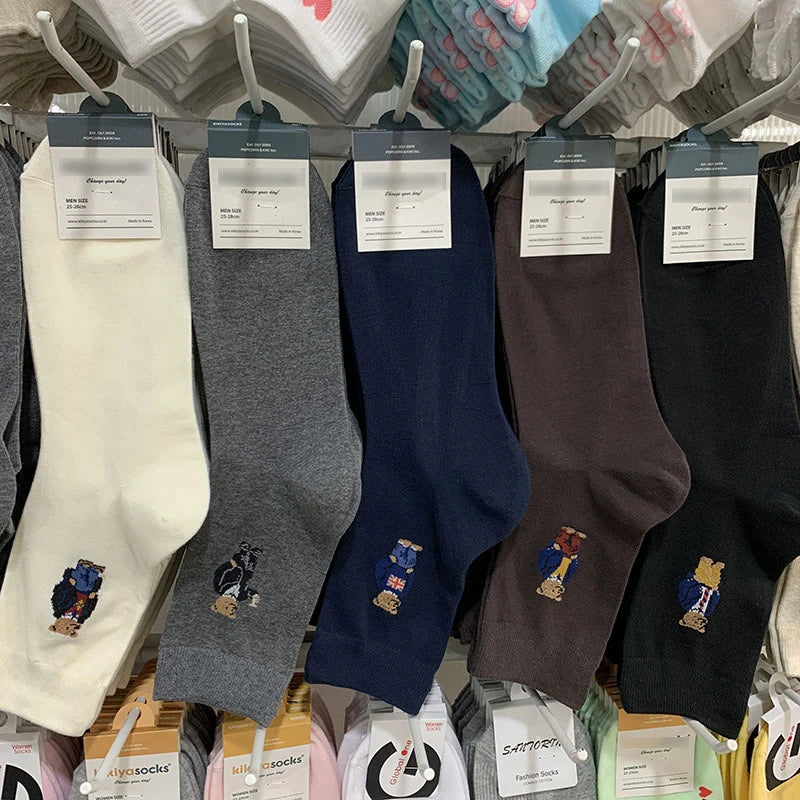 Good Quality Cartoon Gentleman Bear Men's Socks Cotton Harajuku Style Sport Boys Skateboard Novelty Breathable  Christmas Gifts