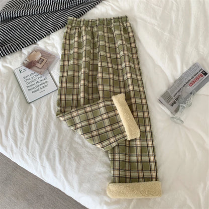 JMPRS Fashion Warm Plush Pants Thick Plaid Women Casual Loose Wide Leg Trousers Korean Streetwear Straight Student Pants New