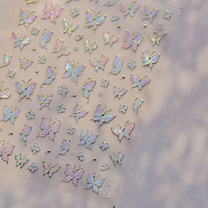 Shiny Jelly Butterfly Charming Golden Gradient Bowknot 5D Self Adhesive Nail Art Sticker Flower Petal Rhinestone Manicure Decals