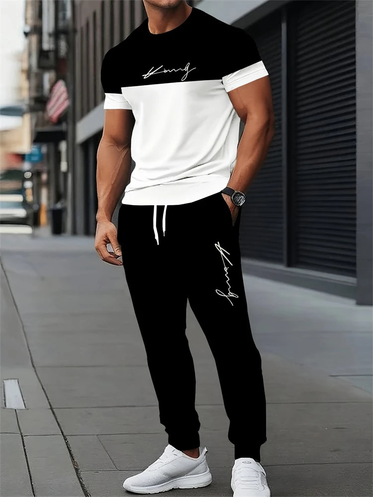 New Men's Letter Print Two-piece Set Outdoor Casual Round Neck Short Sleeve Drawstring Long Pants Plus Size Loose Fit Outfit