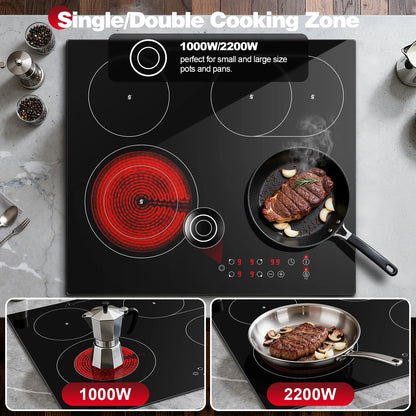 2-Zone Ceramic Hob, 3000W with Child Lock, 9 Heat Levels, 1-99min Timer, Black (CE Certified)