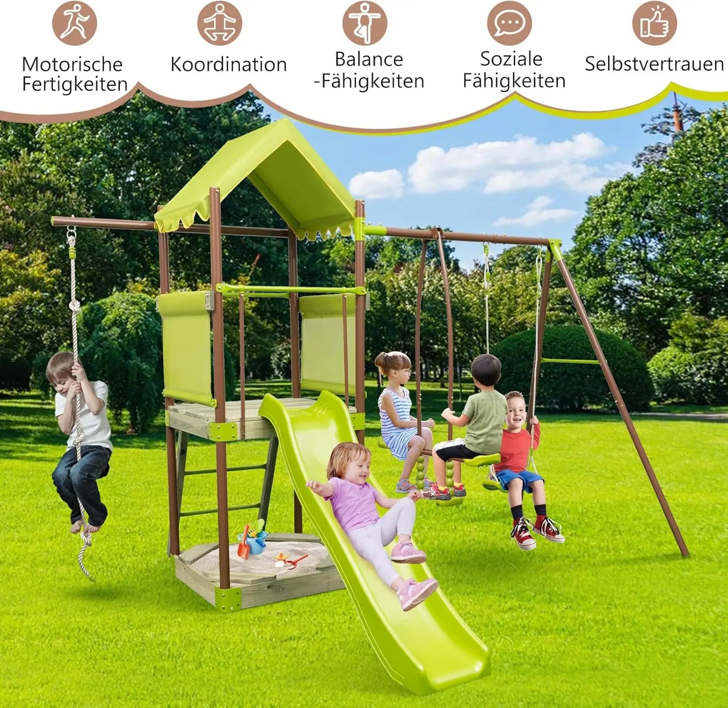 Play Tower, Climbing Frame with Swing, Slide, Climbing Rope, Glider Seats, Ladder and Sandpit, Outdoor Children's Climbing Tower