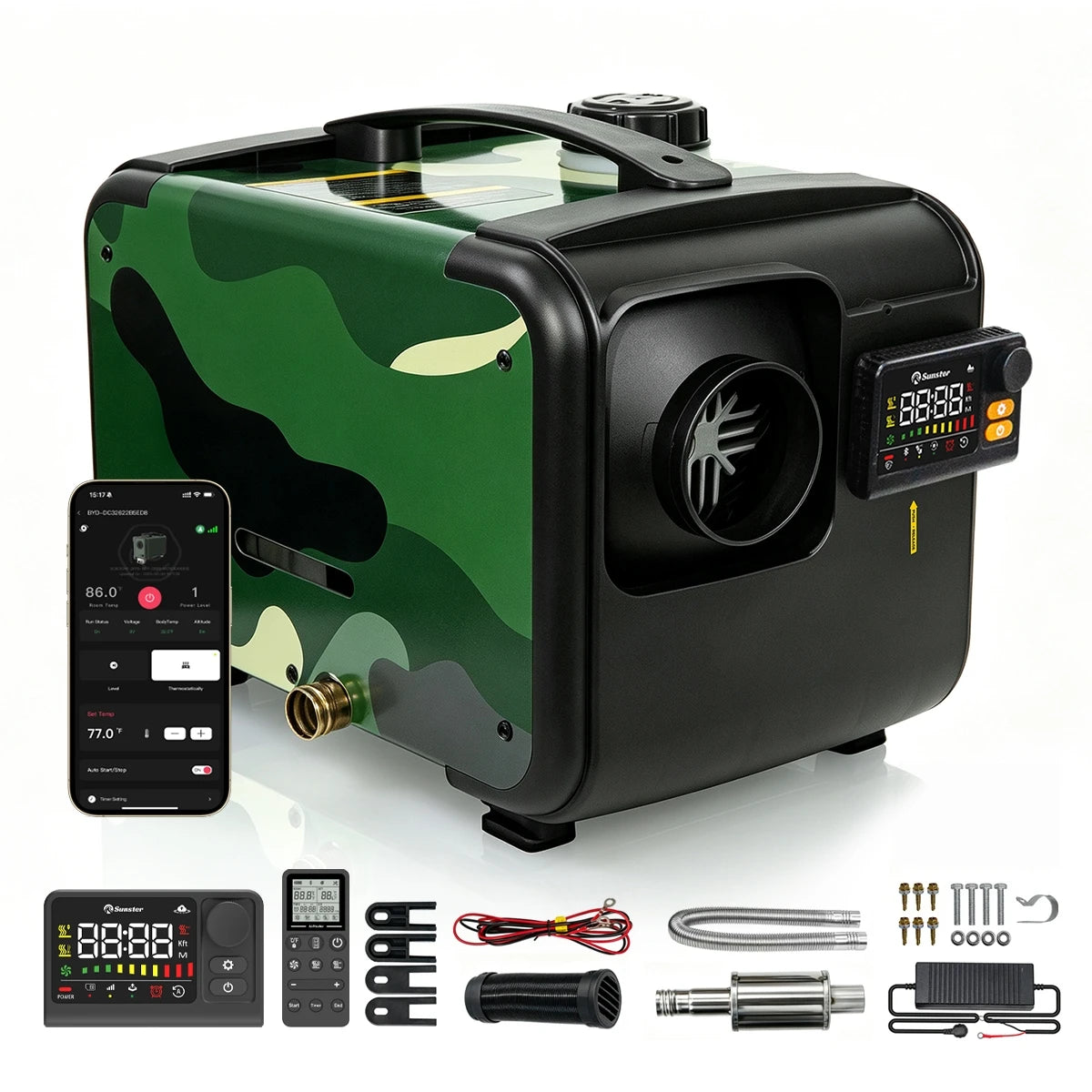 Sunster Portable Camo Diesel Air Heater 8KW with Handle 12/24V 110-240V All in One Smart Heater 35dB Quiet Fast Heat No Cold Air CO Monitor Kit for Motorhome Trailer Pickup Camping