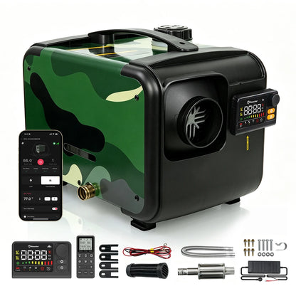 Sunster Portable Camo Diesel Air Heater 8KW with Handle 12/24V 110-240V All in One Smart Heater 35dB Quiet Fast Heat No Cold Air CO Monitor Kit for Motorhome Trailer Pickup Camping