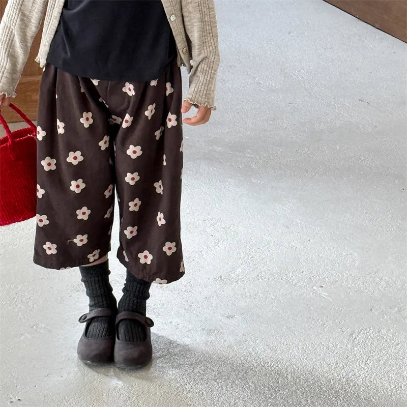 Spring/Summer Calf Length Pants for Girls Floral Print Anti-mosquito Breeches Korean Kid's Loose 7 Point Pants Childrens Clothes