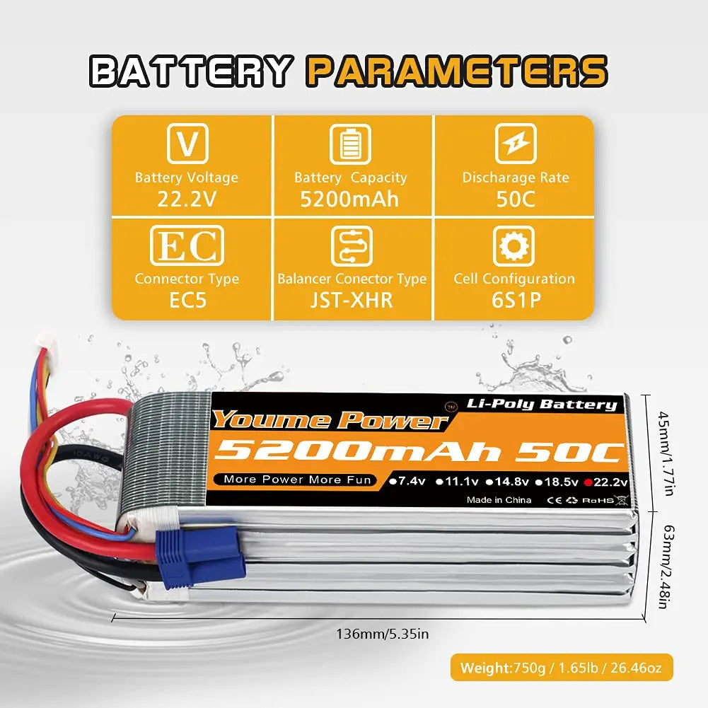 Youme 6S 22.2V 6500mah 5200mah RC Lipo Battery 22.2V XT60 XT90 EC5 RC Airplane Helicopters Car Boat Truck Parts