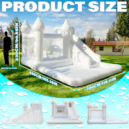 Commercial Grade White Inflatable Bounce House with Slide and Splash Pool, PVC Wet Dry Bouncy Castle for Wedding Party Rental