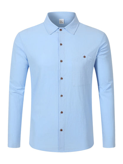 2025 Autumn New Men's Cotton and Hemp Long Sleeve Shirt Loose Casual with Pocket Collar Shirt