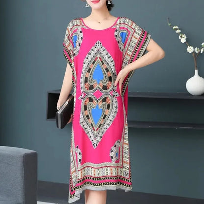 Casual Elegant Bohemian Printed Ethnic Style Retro Floral Woman Summer Street Wear Batwing Sleeve Loose Tunic Maternity Dress