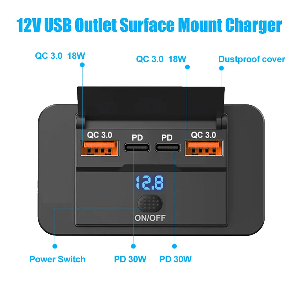 90W 3 Ports Dual PD Car Charger Socket with ON OFF Switch 18W QC3.0 Fast Charging for Motorbike Car Boat ATV UTV Camper Caravans